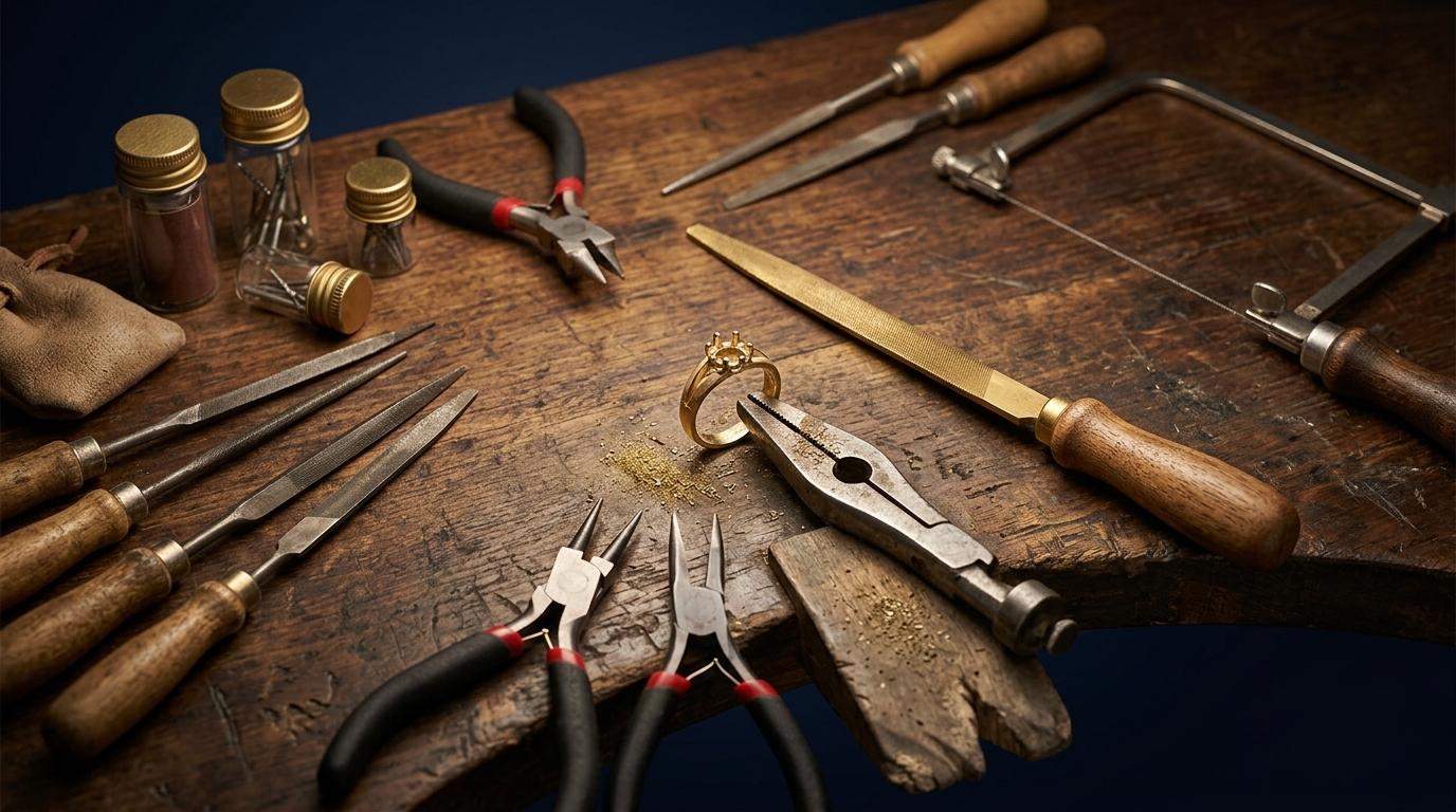 A jeweller's bench with tools and a part-finished repair.
