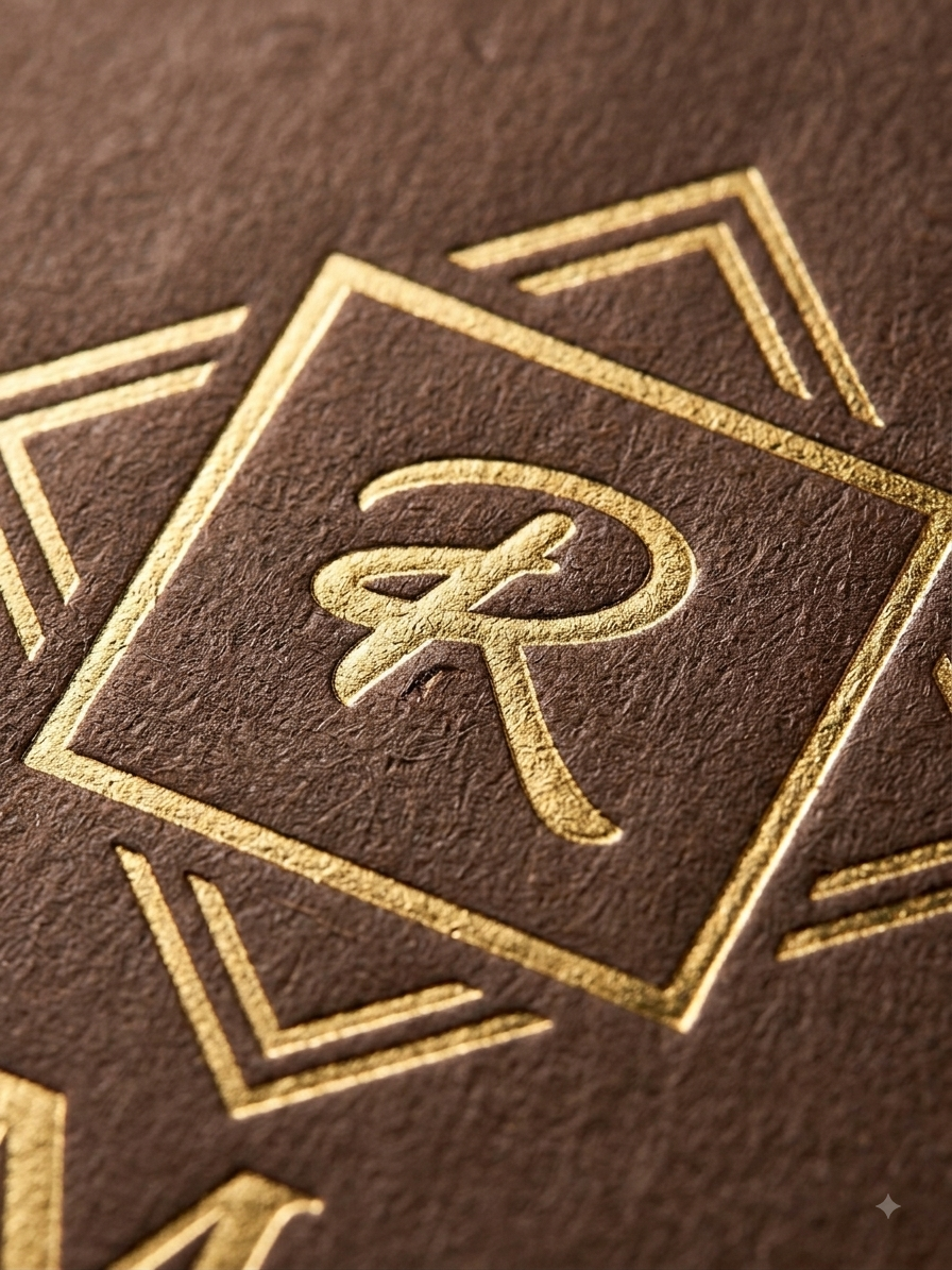 The Rimas Jewellery diamond mark in gold foil on a brown presentation box.