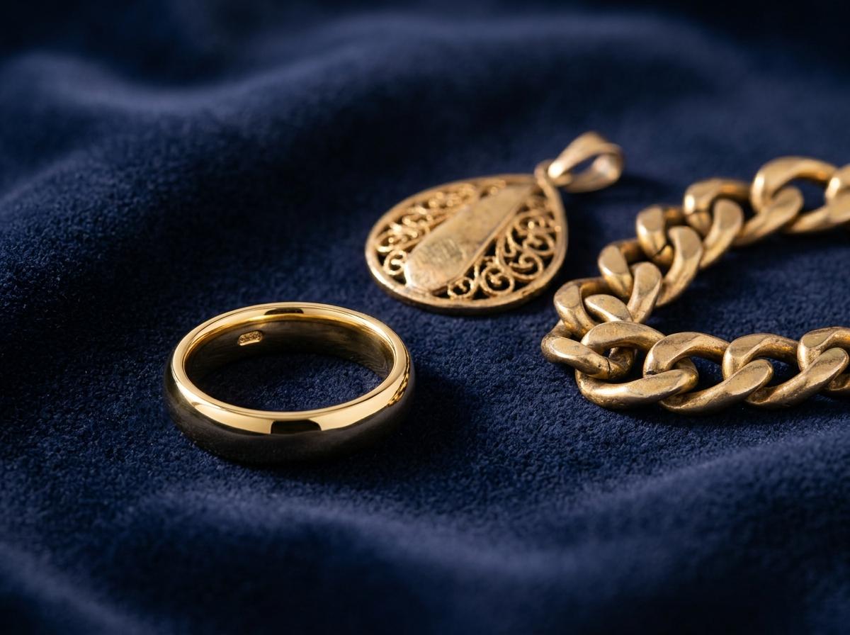 A remodelled gold ring beside the older pieces it was made from.
