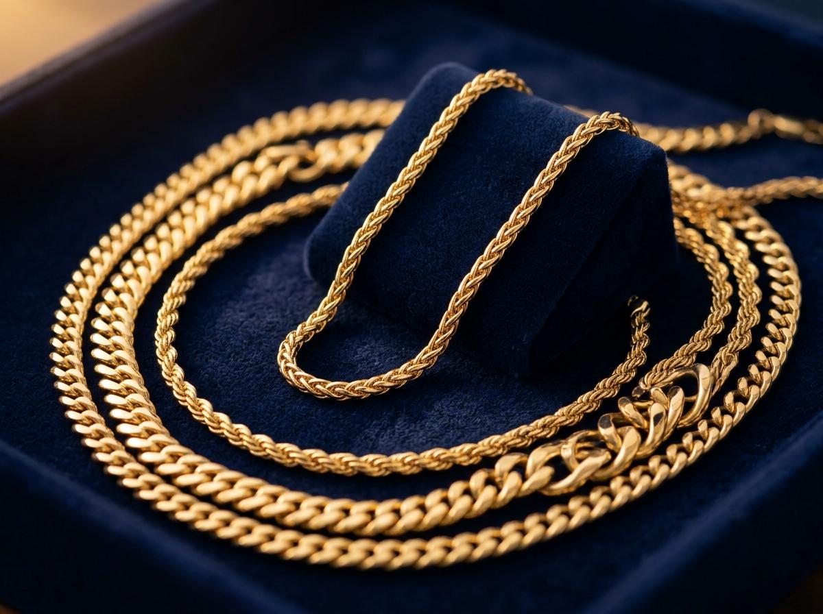 Gold chains hanging in the shop display.
