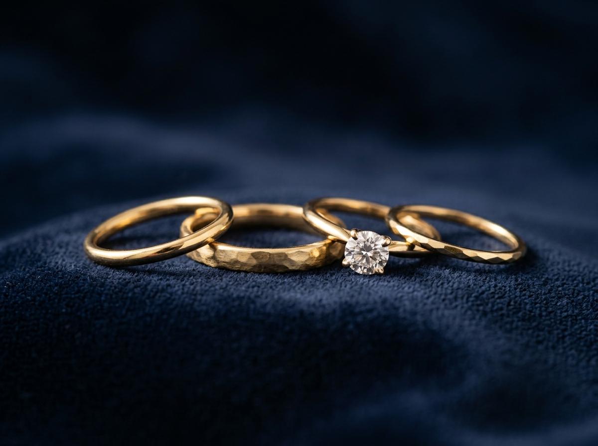 A tray of gold rings in the shop display.