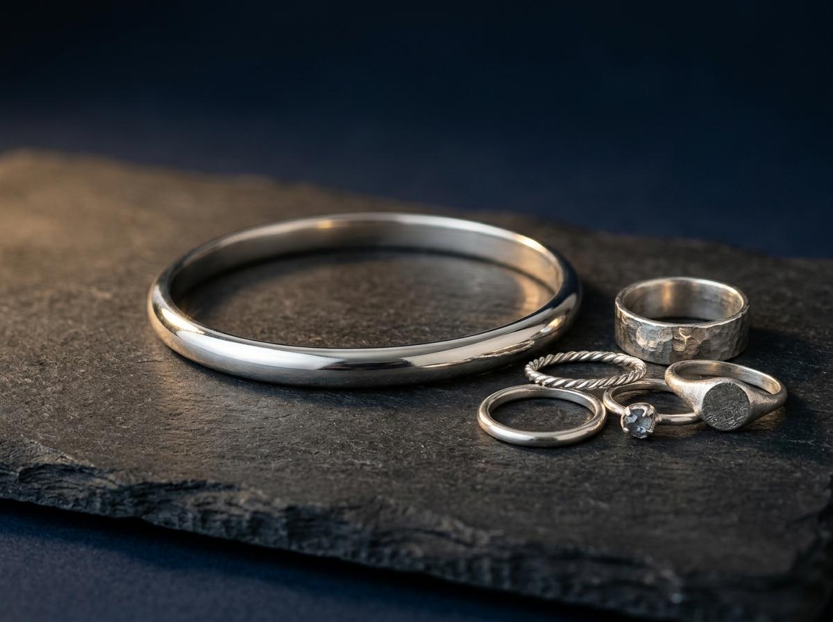 Sterling silver bangles and rings on display.