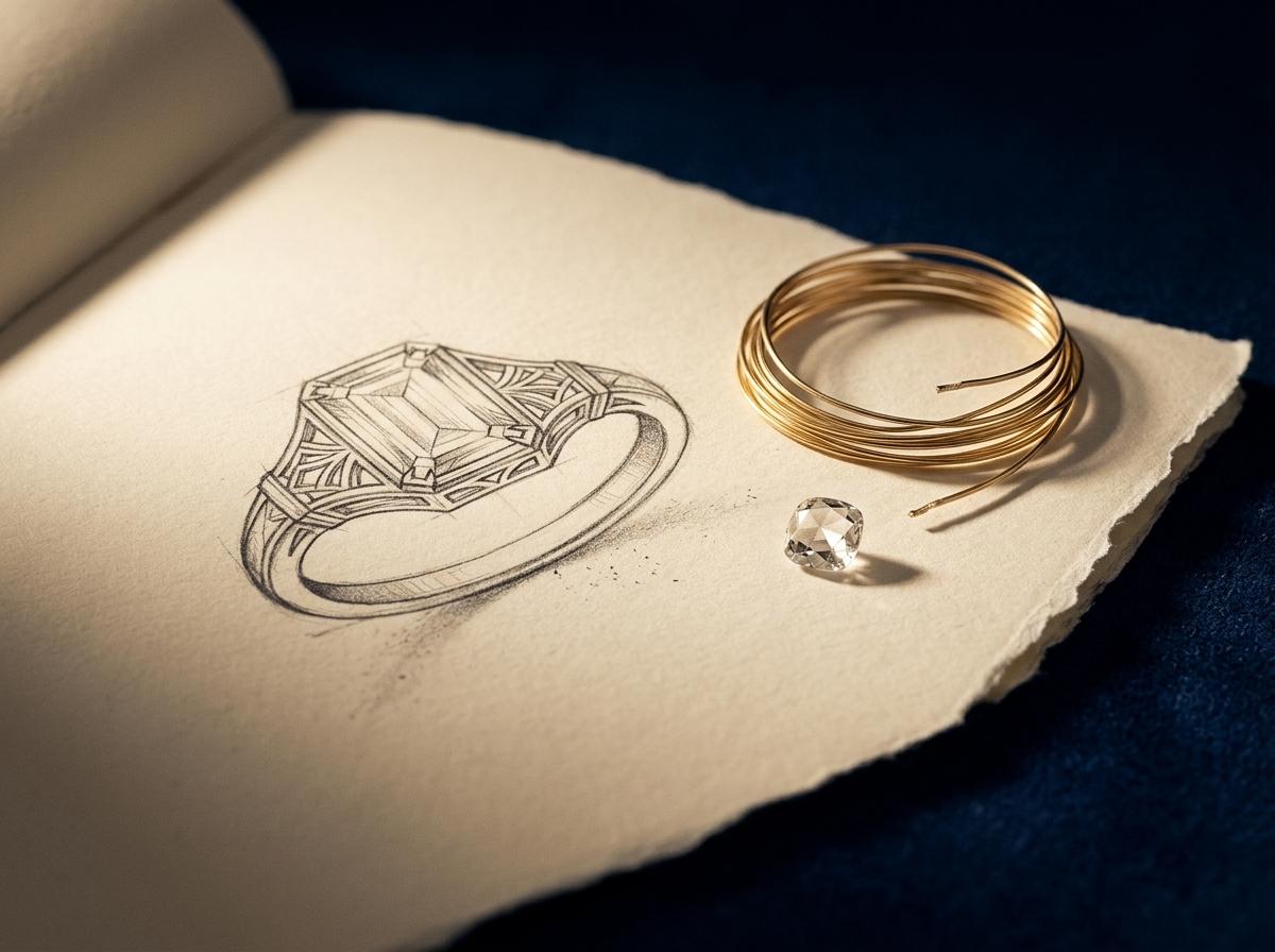 A hand-drawn ring design beside the gold that will be used to make it.