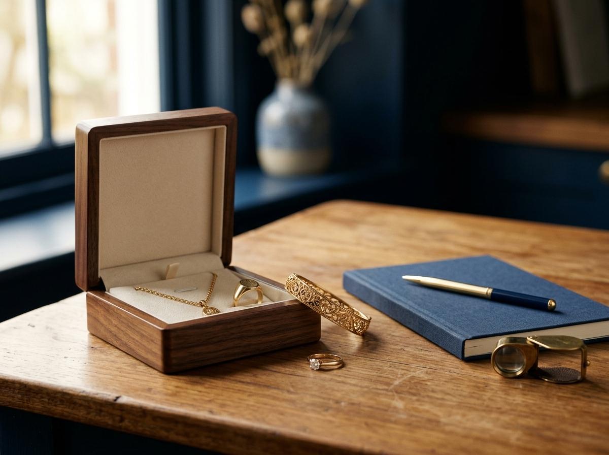 A jeweller examining inherited jewellery at a kitchen table.