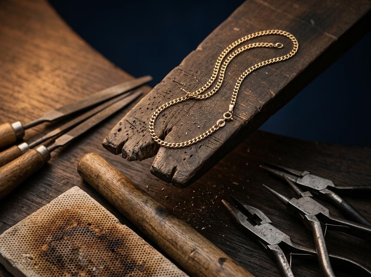 A jeweller's bench with tools laid out for a chain repair.