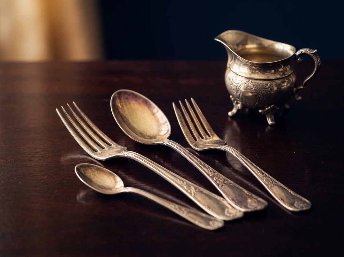 Sterling silver cutlery and tableware laid out on a dark surface.